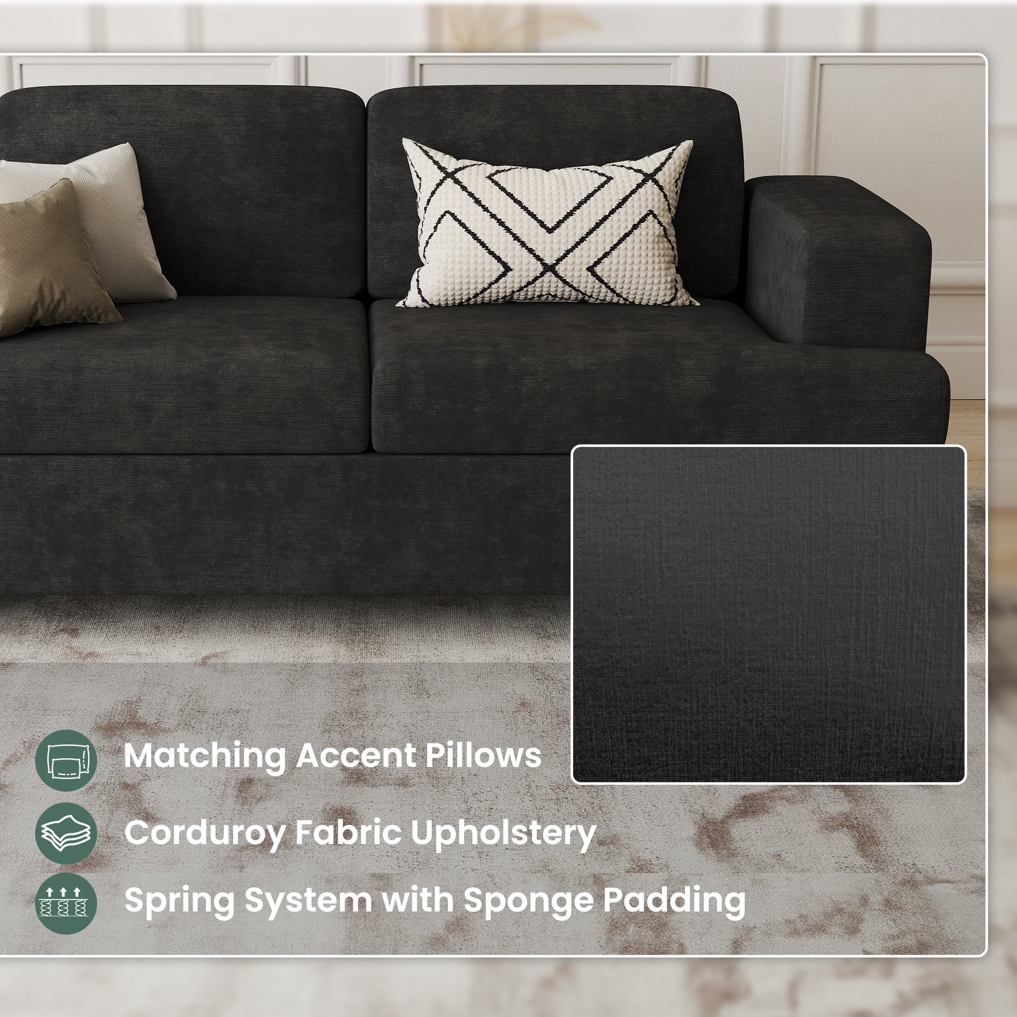 YOUDENOVA 89 Inch Sofa Couch, Modern 3-Seater Sofa for Living Room, Modern Sleeper Couches Deep Seat Sofa Lounge for Apartment, Black Chenille