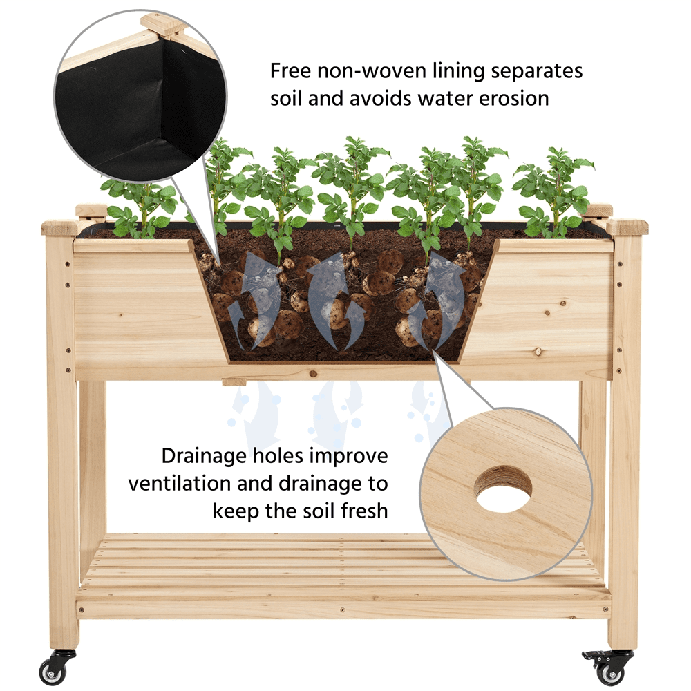 Renwick Fir Wood Planting Bed with Shelf & Wheels, Wood