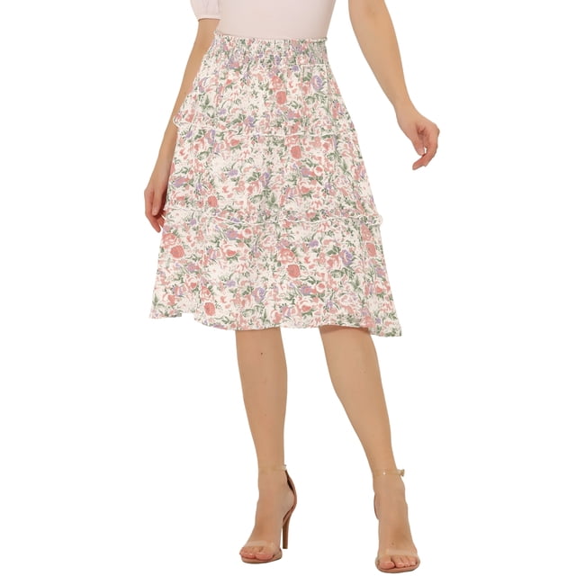Faldas con estampado floral pamujer Falcon volantes en niveles fluidos y cintuelásticon flecos hasrodilBlanco2 L