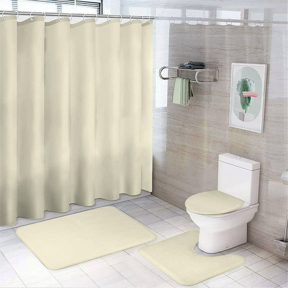 Shower Curtain Set 4 Piece include Shower Curtain and Rugs and Non Slip U Shaped Toilet Rugs Luxury Bathroom Decor Cornsilk WHITE