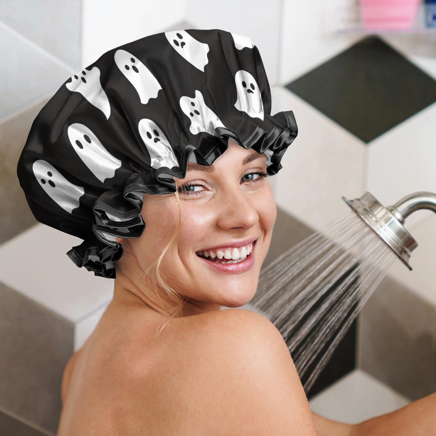 Shower Caps,Black Halloween Ghosts Waterproof Shower Cap for Women 4 Pieces,Double Reusable Hair Cover for Shower PEVA Elastic Stretch Hem