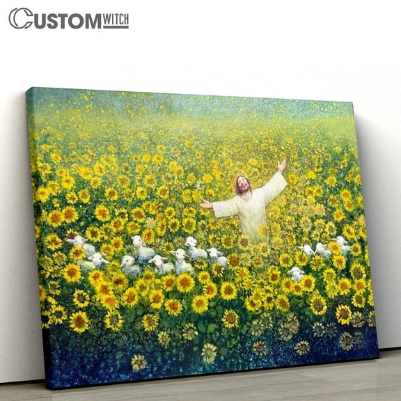 Jesus Lambs Sunflower Canvas Framed Wall Art Decor, Bible Verse Scripture Print, Inspirational Religious Wall Decor Gift