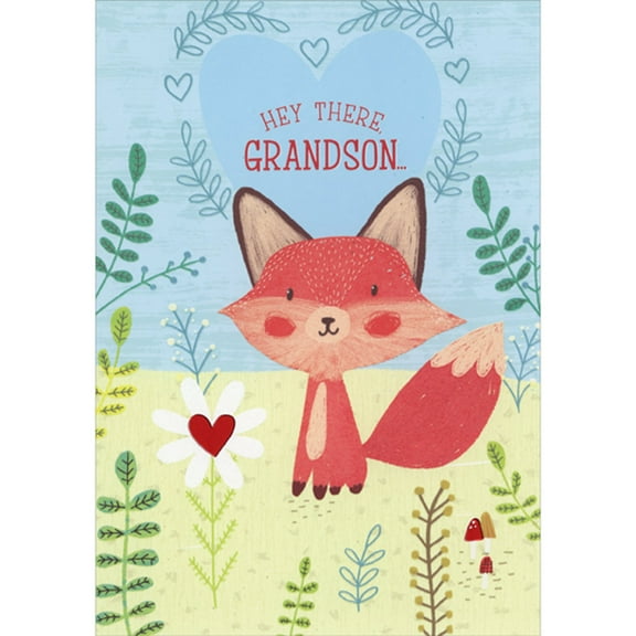 Designer Greetings Cute Fox, White Flower with Red Foil Heart and Small Red Foil Mushrooms Juvenile Valentine's Day Card for Grandson