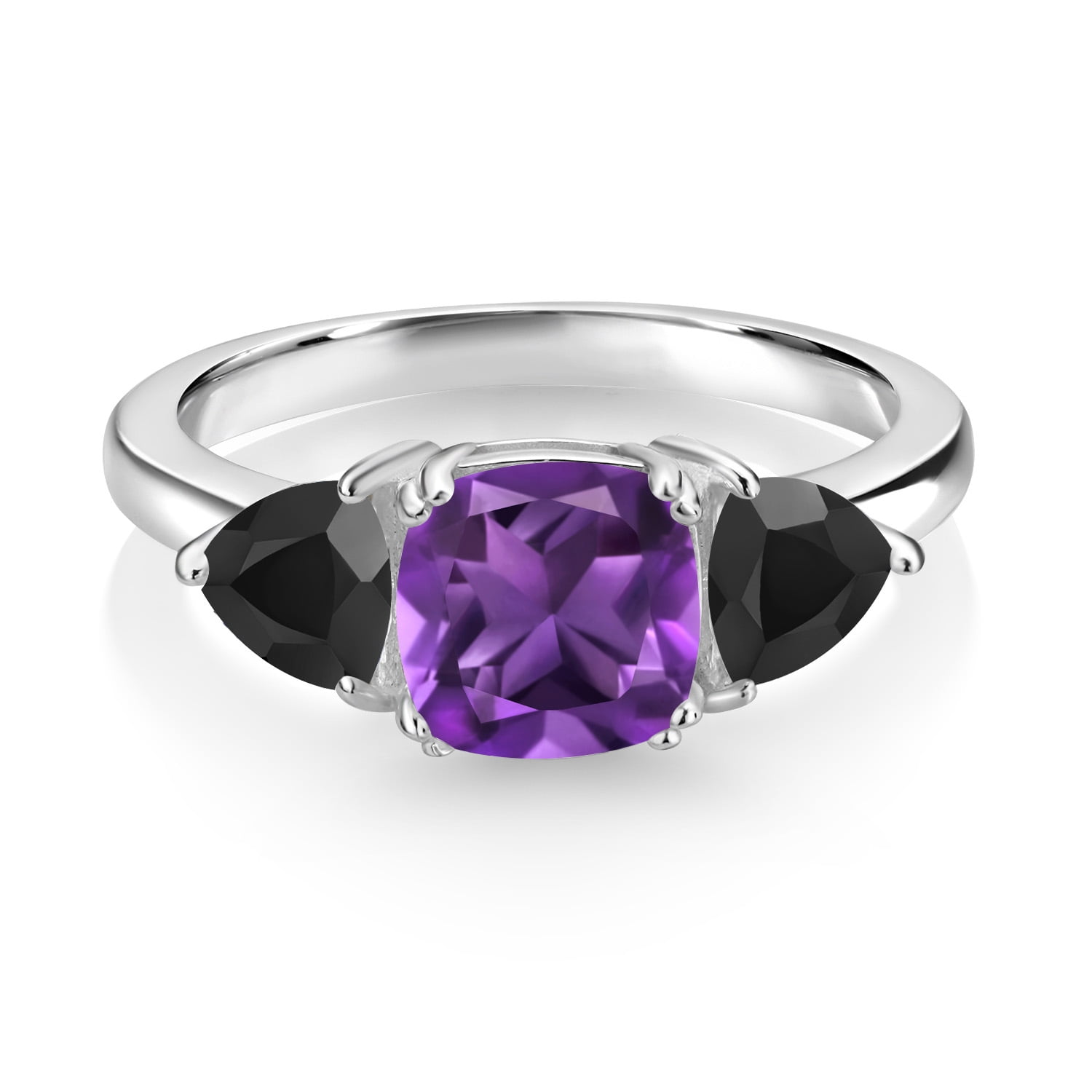 Gem Stone King 925 Sterling Silver Purple Amethyst and Black Onyx 3 Stone Engagement Ring for Women (2.12 Cttw, Gemstone February Birthstone, Available in Size 5, 6, 7, 8, 9)