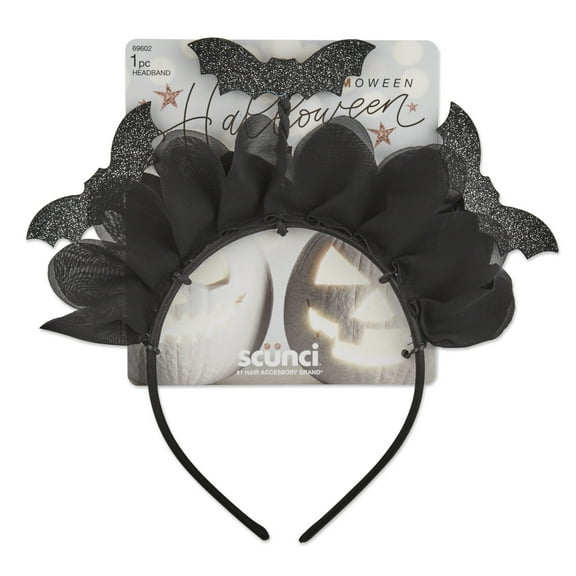 Scunci Glamoween Fashion Headband, Bat Design Halloween Theme, Black