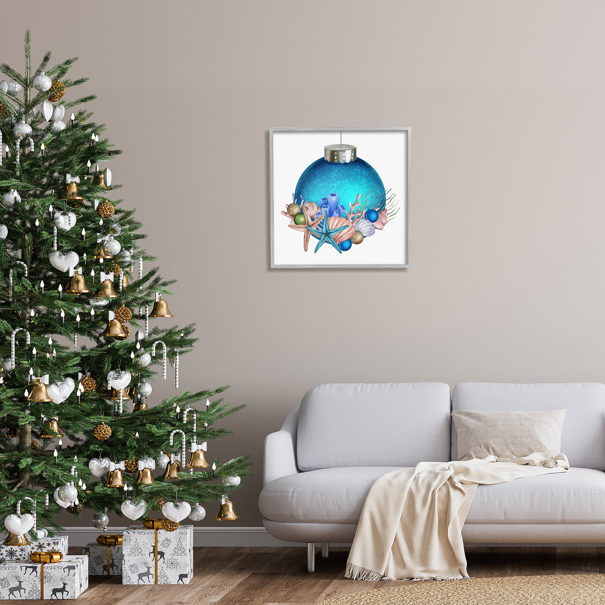 Stupell Industries Nautical Sea Life Holiday Ornament Holiday Painting Gray Framed Art Print Wall Art
