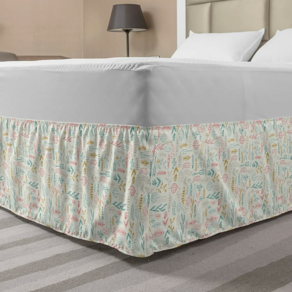 Muted Colors Bed Skirt, Boho Pastel Forest Leaves Doodle Nature Branches Herbs Autumn Modern Design, Elastic Bedskirt Dust Ruffle Wrap Around for Bedding Decor, 4 Sizes, Multicolor, by Ambesonne