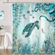 Blue Sea Turtle Octopus Shower Curtain,Teal Ocean Bath Curtain,Fish Underwater Animal Seashell Jellyfish Coastal Theme Bathroom Decor Set Hooks Included 36X72in