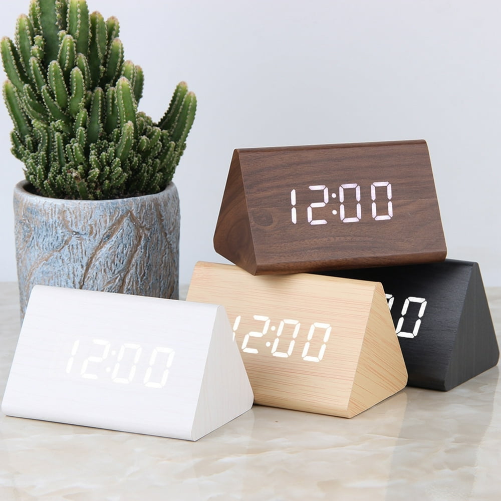 LEEYNEER Modern Triangle Wood Clock Digital LED Wooden Alarm Clocks Digital Desk Thermometer Classical Timer Calendar
