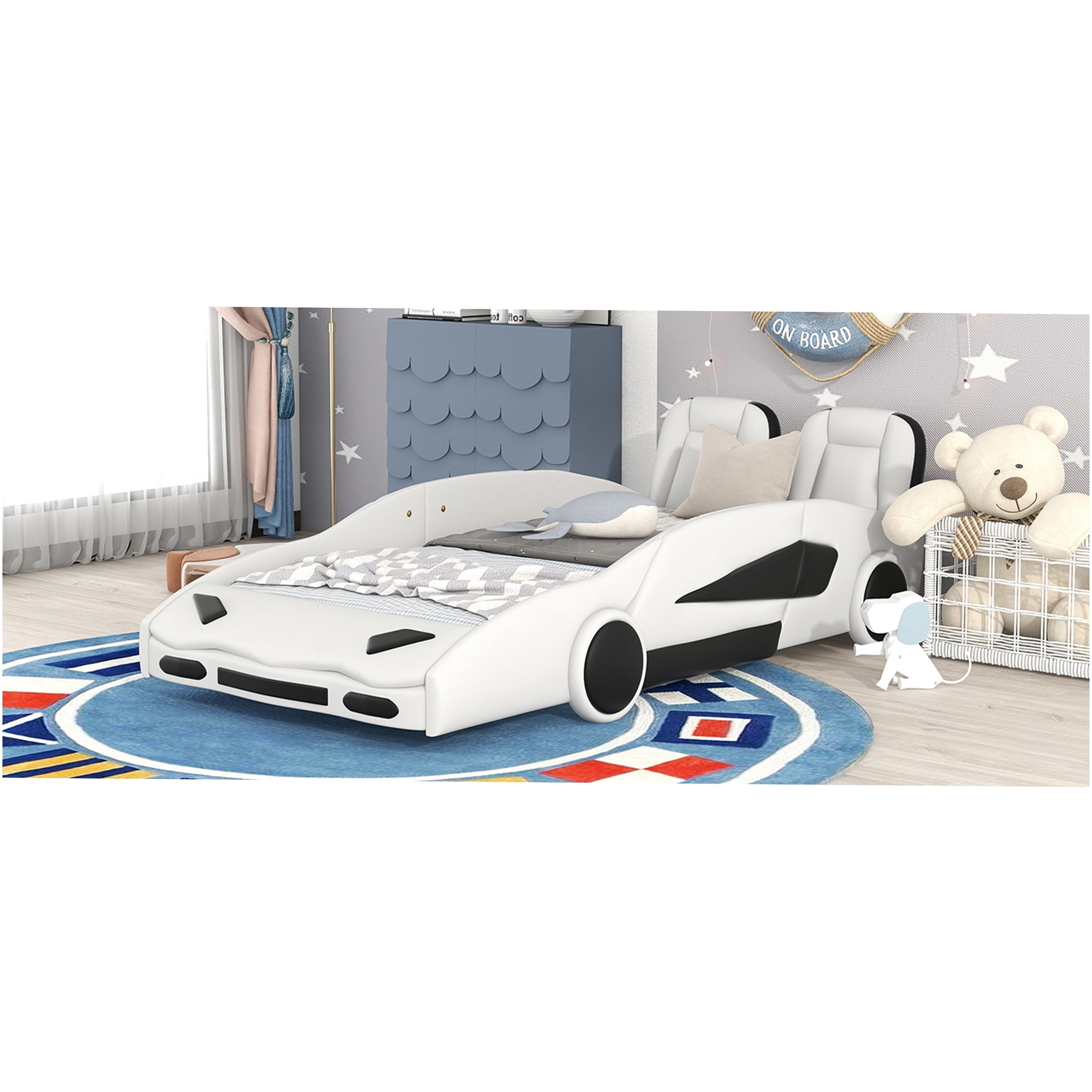 JERFIT Twin Size Race Car Bed Frame with Wheels, White PU Leather Platform Bed with Safety Guardrails Wood Slats Support, No Box Spring Needed