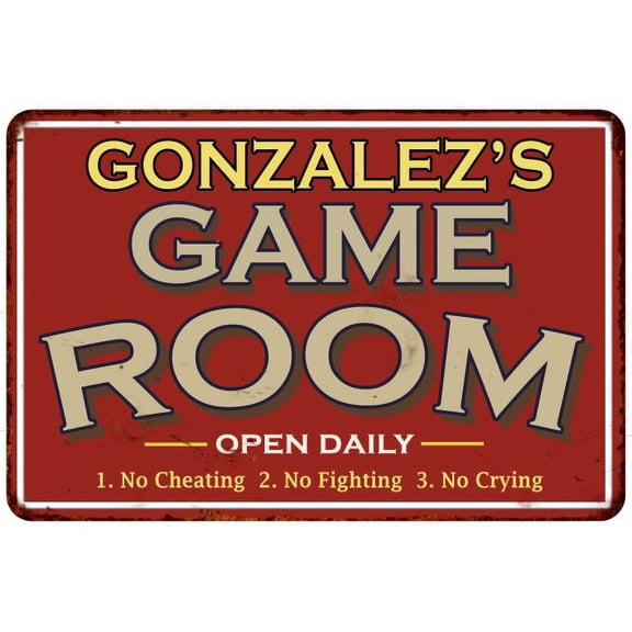 GONZALEZ'S Game Room Sign Vintage Look 8 x 12 High Gloss Metal 208120001163