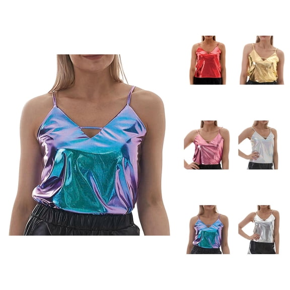 Shiny Metallic Crop Camisole Tops for Women V Neck Spaghetti Strap Sparkly Holographic Cami Tank Tops Disco Party Clubwear