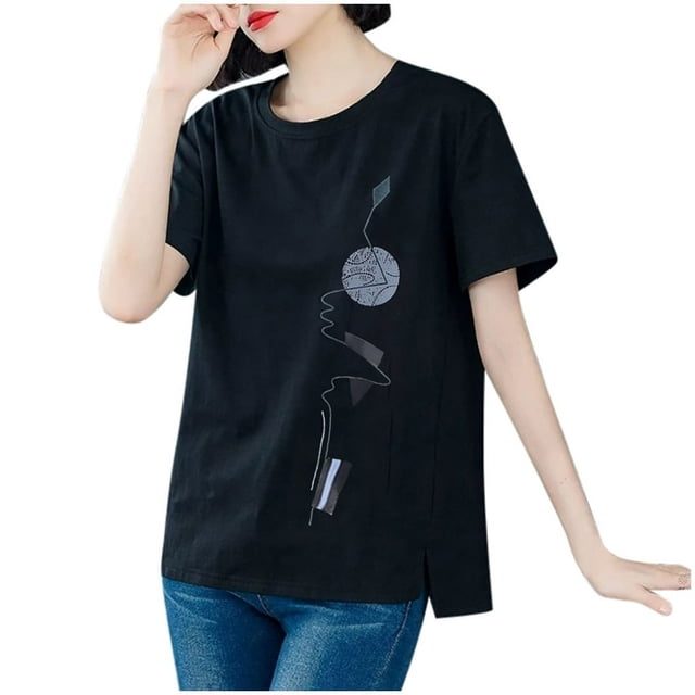 Femmes Casual Manches Courtes Imprimé O-Cou Chemisier Dames T-Shirts
