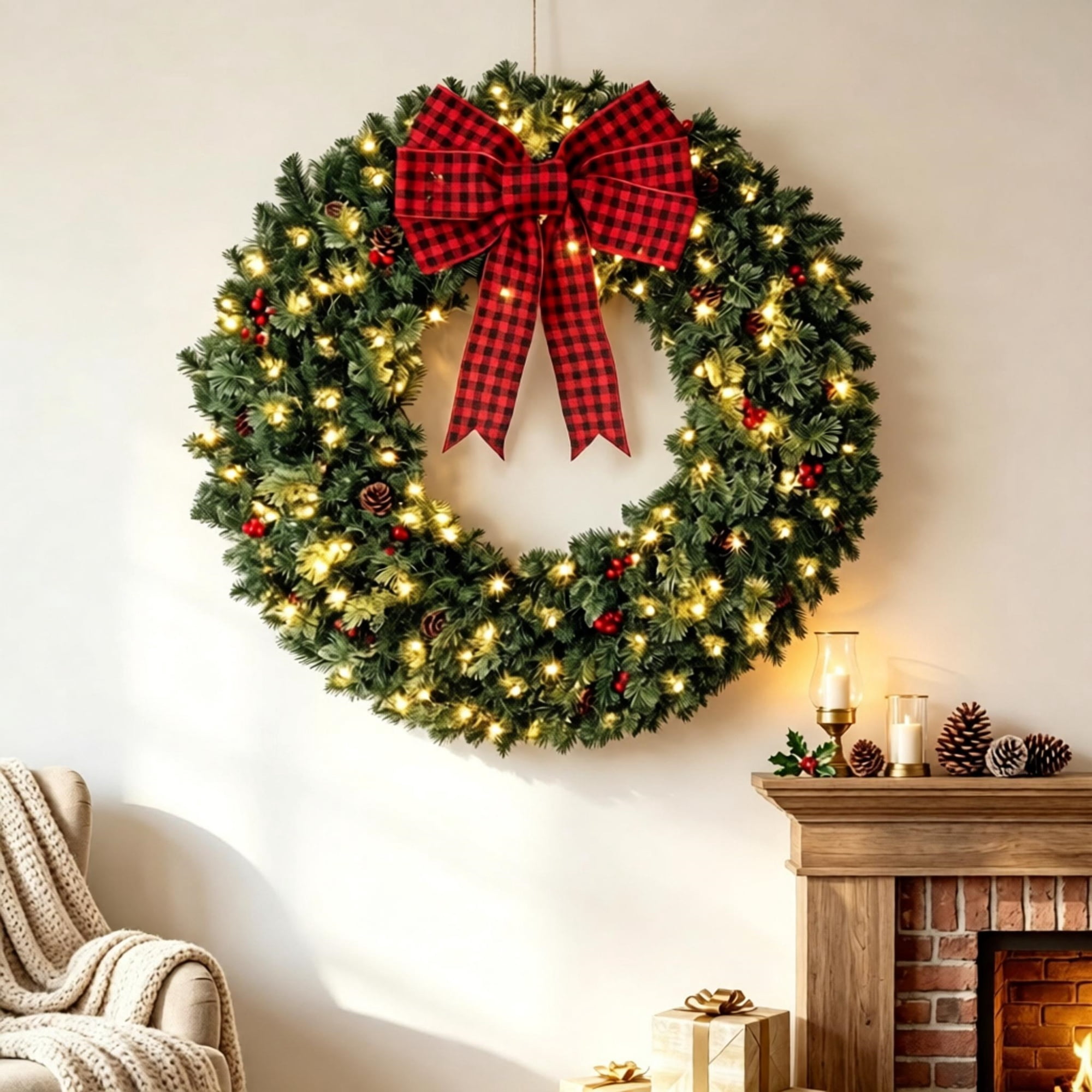 Pre-Lit Holiday Wreath with 150 Warm White LED Lights, 8 Lighting Modes, 48 in Diameter, PVC Tips and Steel Frame, Red Berries, Pinecones and Buffalo Plaid Bow for Front Door and Mantel