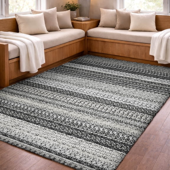 Addison Rugs Dream Shag Premium Machine Washable Transitional Stripes Black Rectangle Rug, 10' x 14'