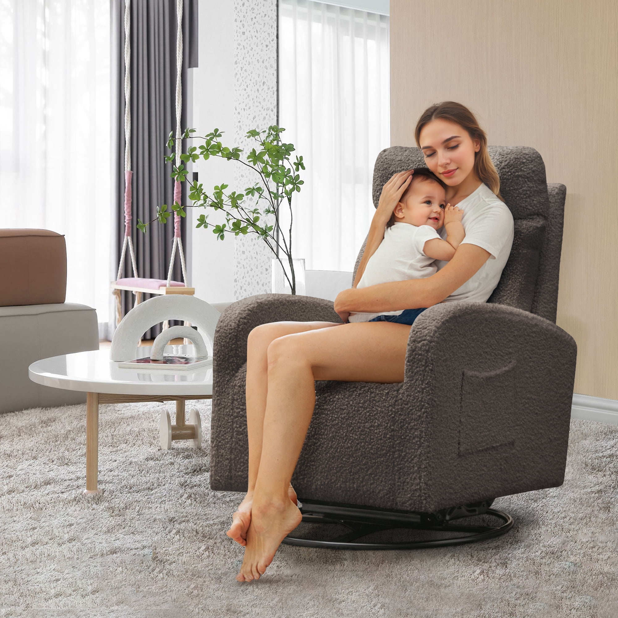 Lunale Teddy Swivel Glider Rocking Chair for Baby Nursery, Indoor, Drak Gray