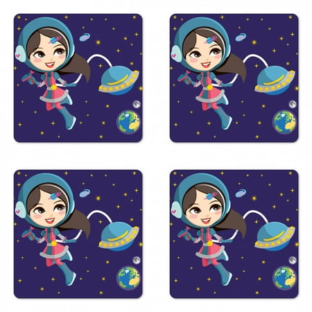 

Retro Coaster Set of 4 Little Girl Exploring Space with Cosmic Fashion Galactic Adventure Kids Cartoon Square Hardboard Gloss Coasters Standard Size Multicolor by Ambesonne
