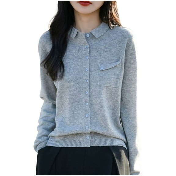 XPMWRP Women's Button Up Loose Cardigan Sweaters Fall Solid Lapel Collar Knit Long Sleeved Pullover Lightweight Trendy Soft Clothes Gray XXL
