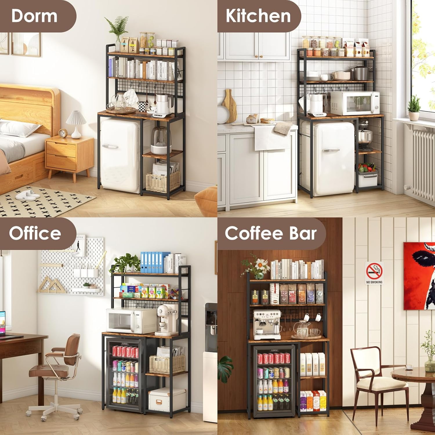 Multi-Functional Mini Fridge Stand with Wheels, Wooden Mini Fridge & Microwave Storage Shelves, Large Bakers Rack and Storage for Kitchen Appliances, Perfect for Dorm Kitchen Coffee Bar