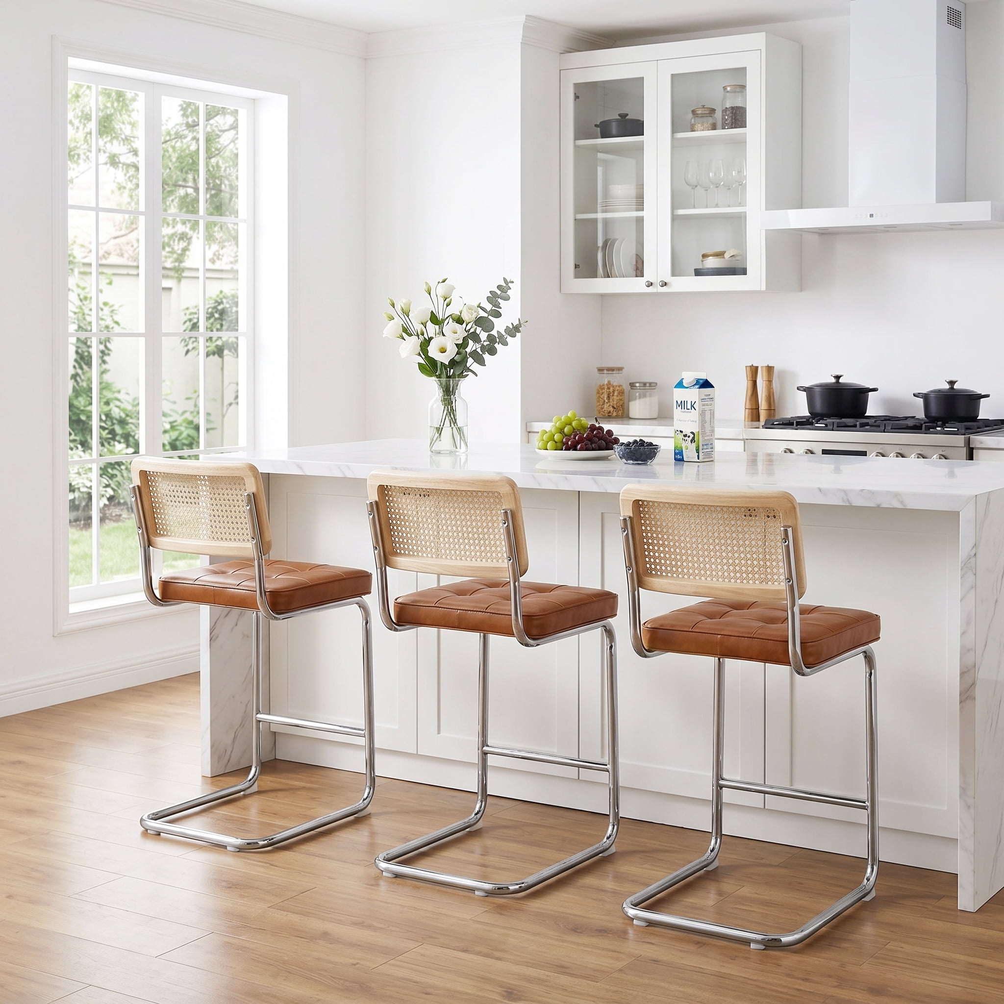 Zesthouse Rattan Counter Height Bar Stools Set of 2, 26″ Faux Leather Counter Height Barstool with Cane Back, Mid Century Modern Bar Chairs for Kitchen Island, Brown