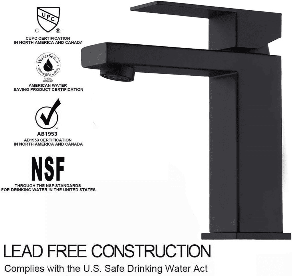 Single Handle Bathroom Faucet, Matte Black Single Hole Bathroom Faucet, Solid Brass Modern Bathroom Sink Faucet Vanity Square Bathroom Faucet with Pop-up Drain & Overflow & Water Supply Hoses