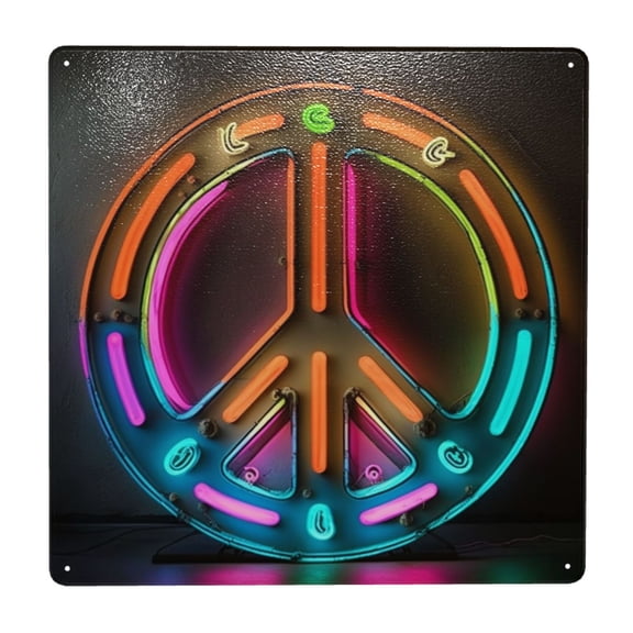 Hippie Neon Peace Sign Vintage Square Metal Sign 12x12 Inch Tin Sign Wall Decor Decorative Plaque for Bar, Cafe, Restaurant