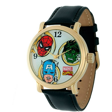 Marvel Spider-Man, Hulk, Captain America Men's Vintage Gold Shiny Alloy Case Watch, Black Leather Strap