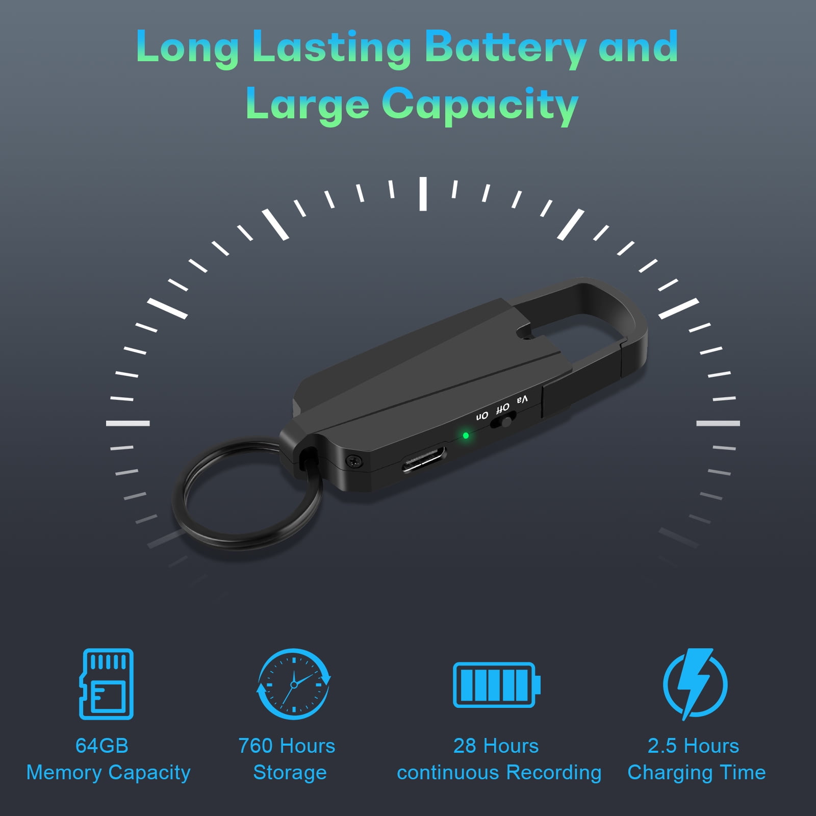 RONY 64GB Digital Voice Recorder with Playback - 760 Hours Keychain Voice Activated Recorder - Noise Reduction Audio Recording Device for Lectures Meetings Music