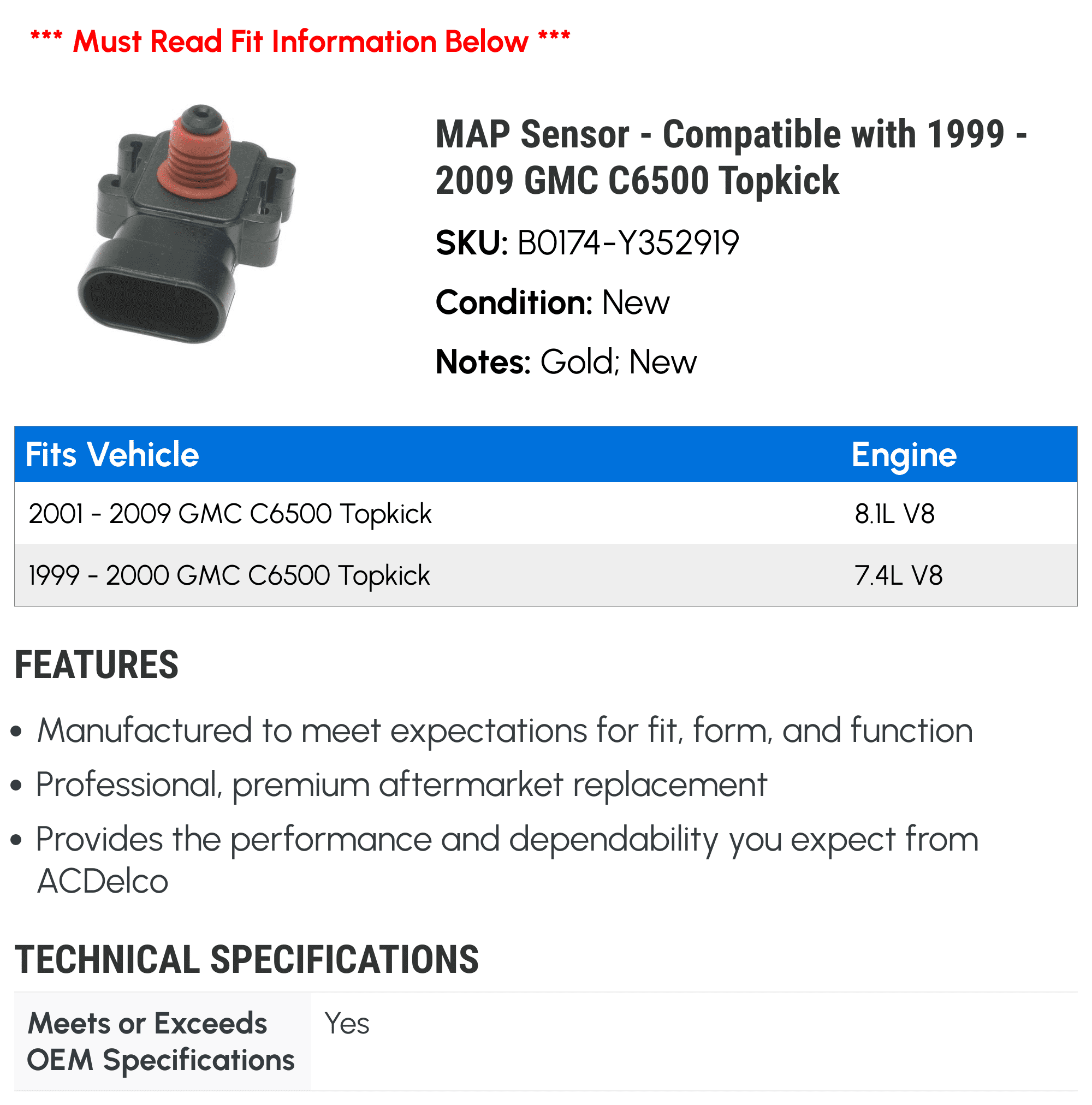 MAP Sensor - Compatible with 1999 - 2009 GMC C6500 Topkick 2000 2001 2002 2003 2004 2005 2006 2007 2008