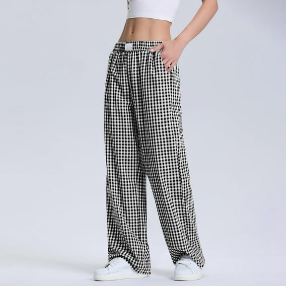 BRGZLK Womens Pajama Pant Spring And Summer Fashion Checkered Printed Comfortable Casual Elastic Waist Bottom Casual Pants Black L