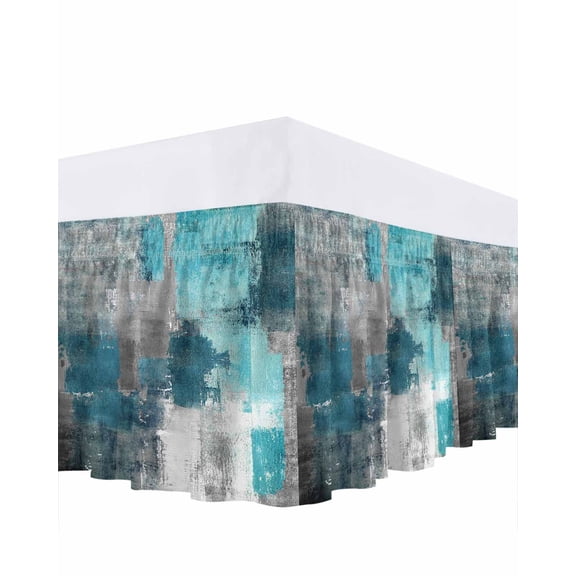 Turquoise Grey Bed Skirt Queen Size 18 Inch Drop, Abstract Graffiti Brush Art Modern Wrap Around Dust Ruffle Bedskirts, Wrinkle & Fade Resistant Easy Fit Bedskirt with Adjustable Elastic