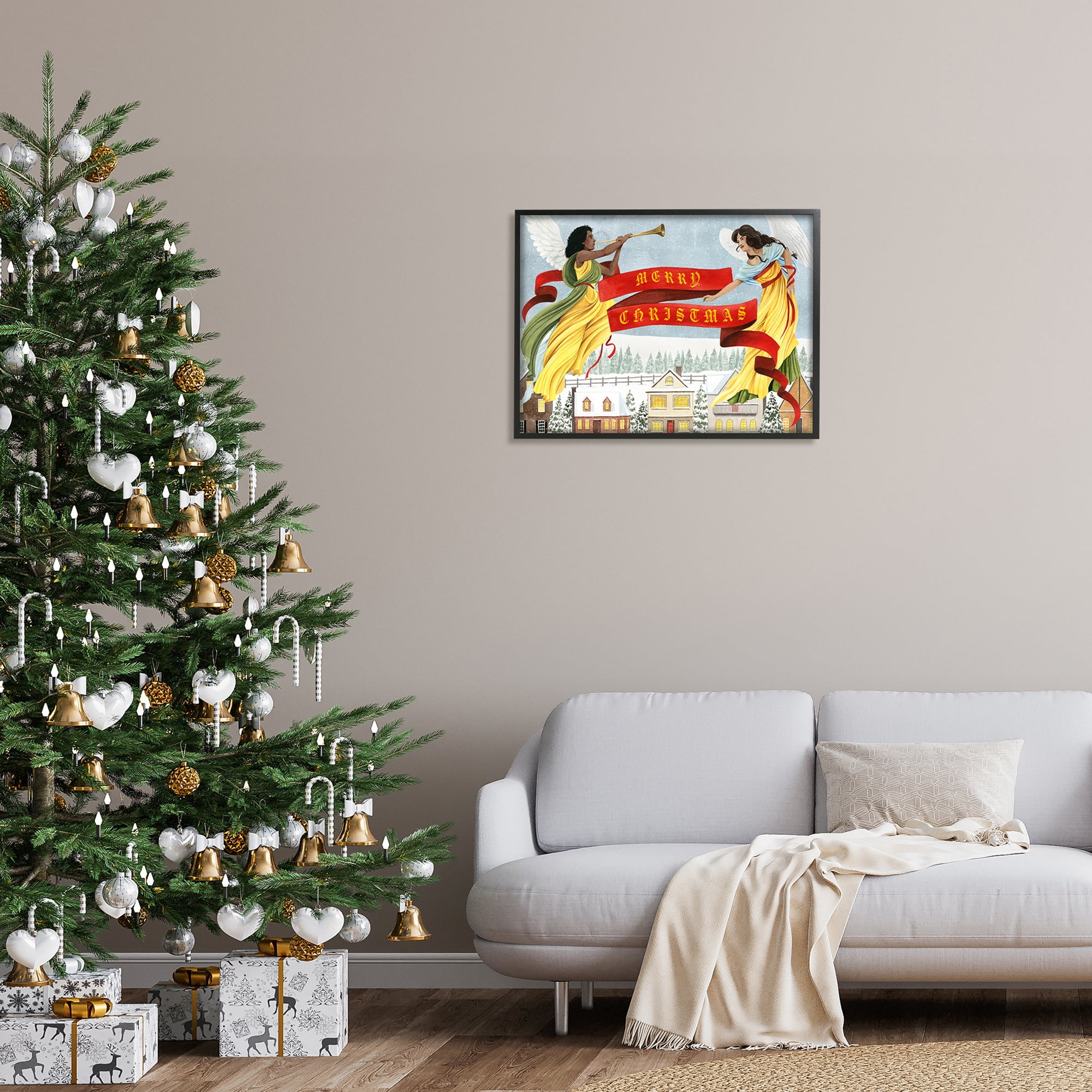 Herald Angels Christmas Banner Above Wintery Town Inspirational Graphic Art Framed Art Print Wall Art