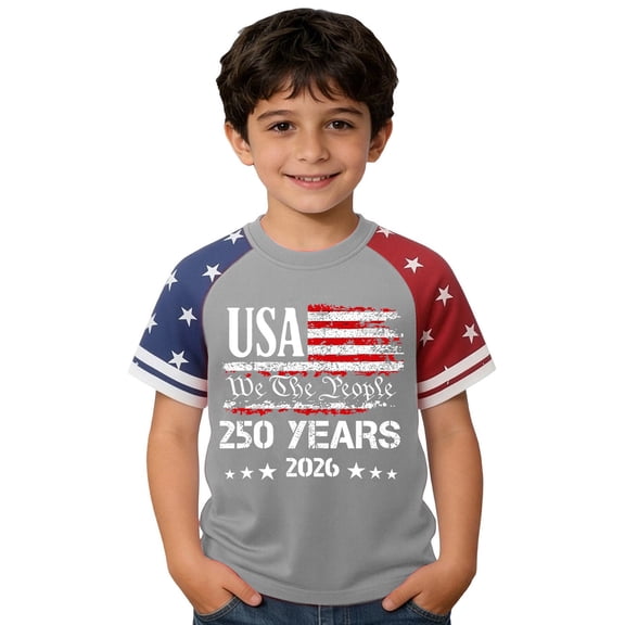 TUOYUAN Boys USA Anniversary Graphic Short Sleeve Tee 250th Kids Summer Top,Grey,SIZE:130