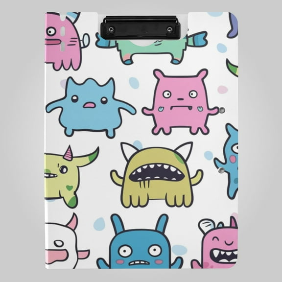 Cute Funny Monster Faces Foldable Binder Folder Clipboard with Pen Slot Double Clips A4 Size File Storage
