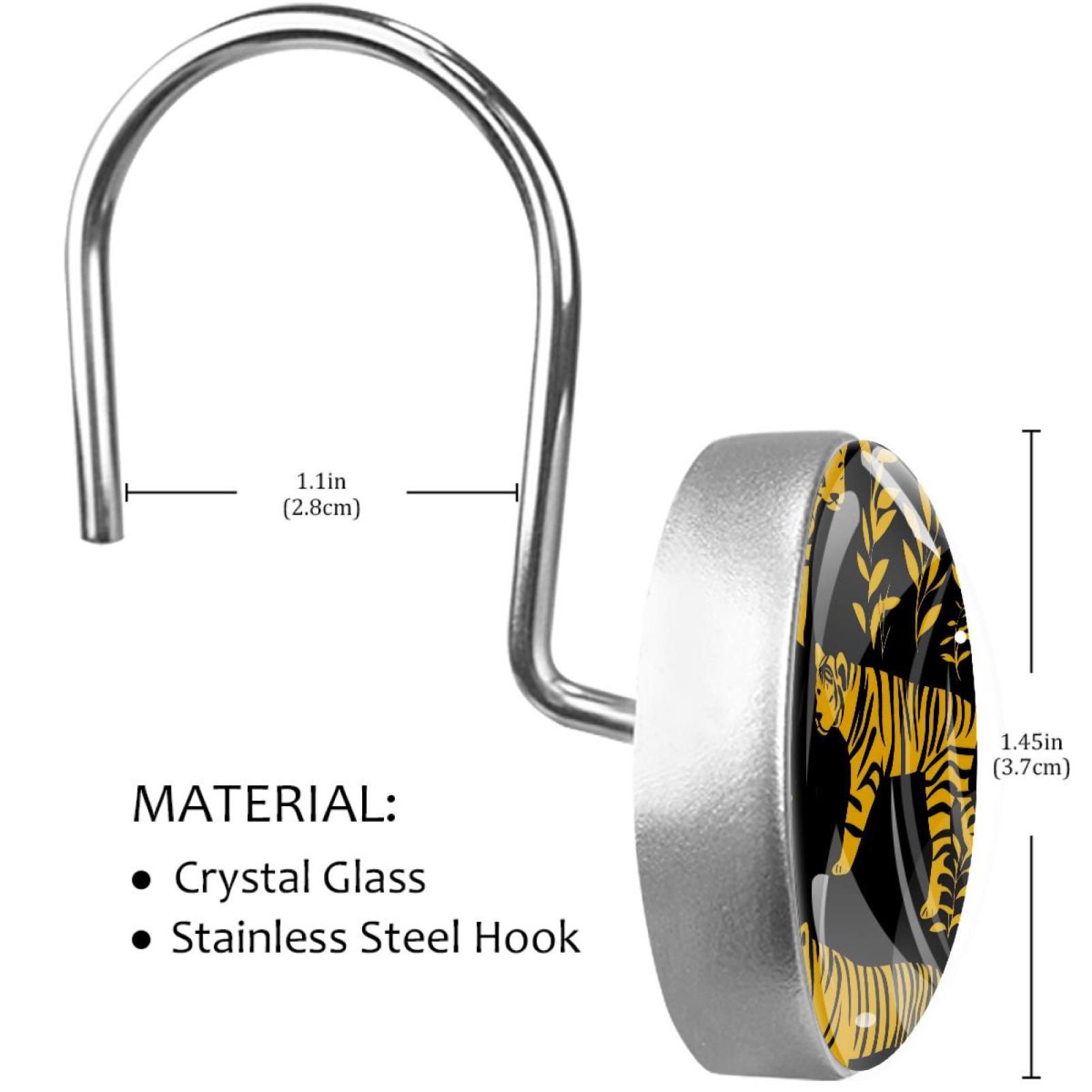 Tigers Silhouette on Black Shower Curtain Hooks Round Crystal Glass, Set of 12 Shower Curtain Rings - Shower Hooks for Curtain Shower Rings