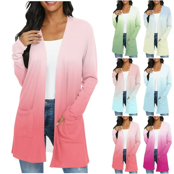Lovzfmll Cardigan Sweaters for Women, Casual Trendy Loose Pockets Ombre Printed Tops Women Fall Clothes Ribbed Early Fall Fashion