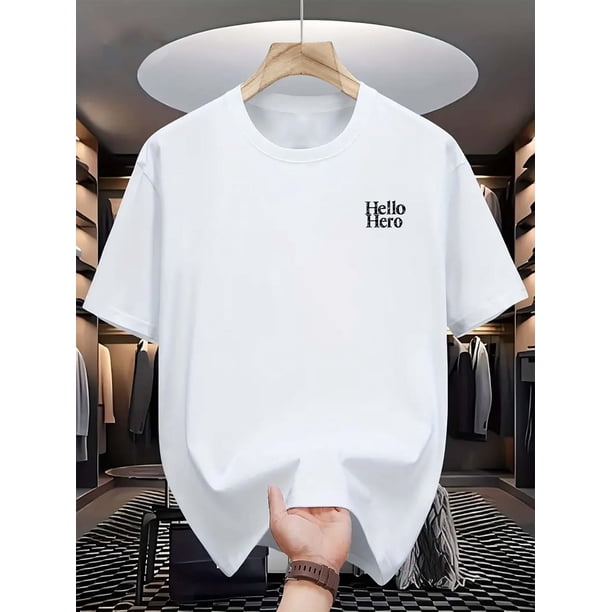 Men's "Hello Hero" Graphic T-Shirt - Black Casual Short Sleeve Crewneck, Soft Polyester Fabric, Comfortable & Stylish Casual Attire for Wardrobe