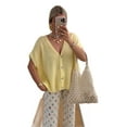 thumbnail image 2 of Womens Summer Oversized Short Sleeve Button V Neck Casual Knit Sweater Tops Yellow S, 2 of 8
