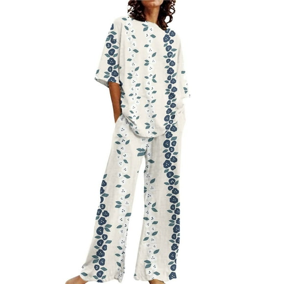 FADAACAI Womens Pajama Sets Summer Outfits For Women 2 Cotton Linen Set Oversized T Shirts Straight Leg Pant Plus Size Tracksuit Sets For Women Womens Loungewear Set White 4XL Clearance!