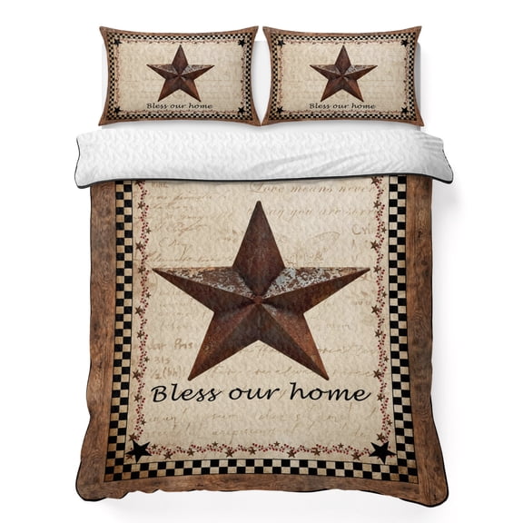 King Quilt Set 96''x106'', Western Star Brown Lightweight Bedspread Coverlet with 2 Pillow Shams, Texas Stars Retro Farmhouse Buffalo Plaid Breathable All Season Quilt Bedding for Bedroom/Guest Room