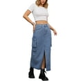 thumbnail image 2 of INSPIRE CHIC Women's Maxi Denim Front Split Button Front Elastic Waist Streetwear Flap Pockets Cargo Jean Skirts S Gray Blue, 2 of 5