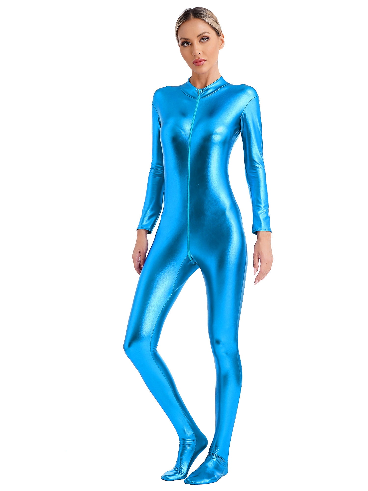 スカート MUCENT Cyan Hooded Neck Slim Fit One Piece 4 Colors P00000TQ inhzoy Women's Wet Look Metallic Catsuit Bodysuit Front
