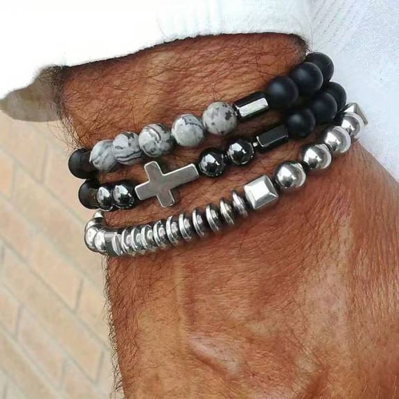 3Pcs Men's Cross Beaded Bracelet Set, Stainless Steel & Natural Stone Elastic Wristbands