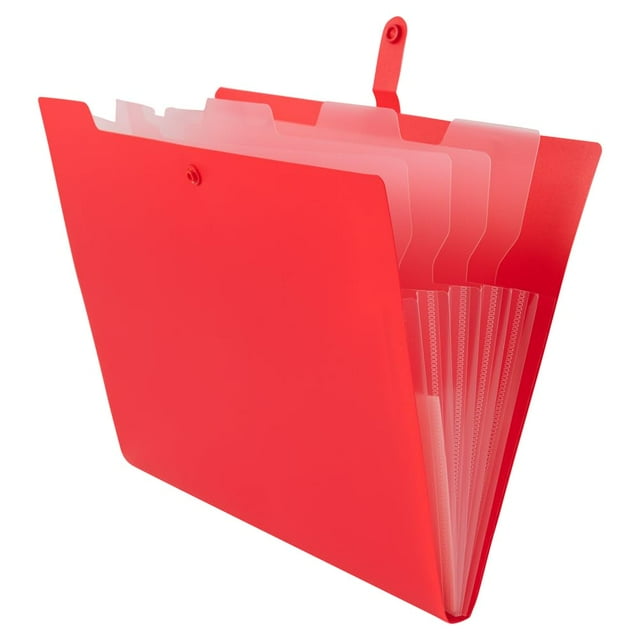 JAM PAPER Carpeta de archivos expandible delgada - Carpeta de archivos de plástico de 5 bolsillos - Cierre a presión - 9 x 11 1/2 - Rojo - Se vende individualmente