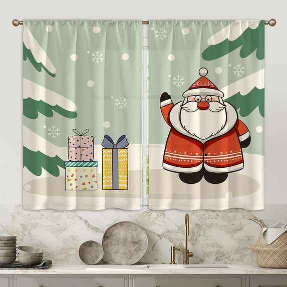 CUH Christmas Modern Topper Kitchen Curtains Semi Sheer Bedroom Decor Drapes Santa Tiers Cafe Short Panel Style-2 W:28"x H:39"*2 Panels