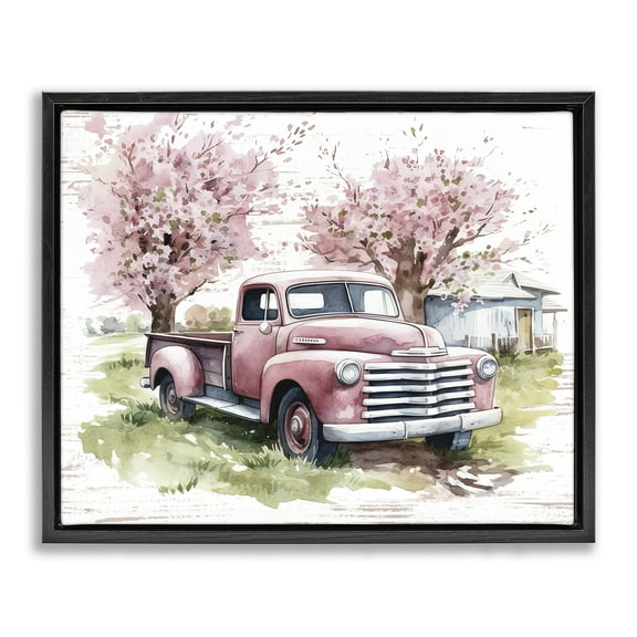 Stupell Industries Cherry Blossoms & Pickup Transportation Painting Black Floater Framed Canvas Art Print Wall Art, 21 x 17