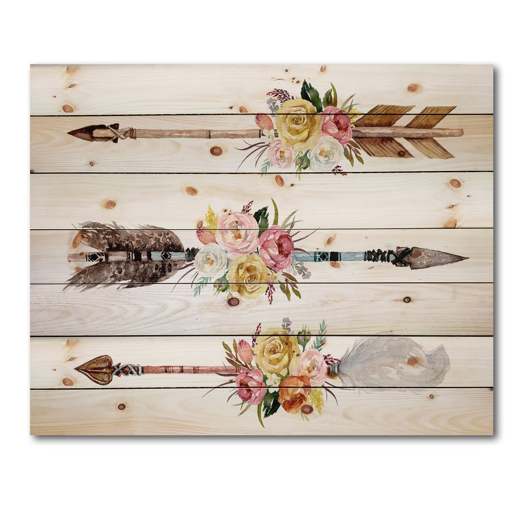 Designart 'Flowers and Ethnic Feathers On Native Arrows II' Bohemian & Eclectic Print on Natural Pine Wood