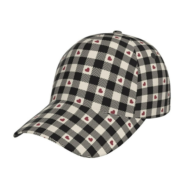 Fotbe Black Plaid Heart Gorro Clásico de Béisbol, Gorra Ajustable con Broche Snapback, Gorro de Exterior de Algodón Suave