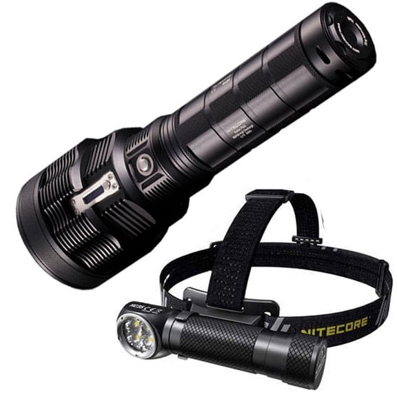 Outdoor Value Pack: Nitecore TM38 Searchlight  and  HC35 Headlamp -Both can be Recharged on the go or at home