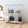 thumbnail image 2 of 2 Tiers Glass Display Cabinet with Bluetooth LED Light Strip, 2 Doors Floor Standing Curio Cabinet, Bookshelf for Collections, 2 of 16